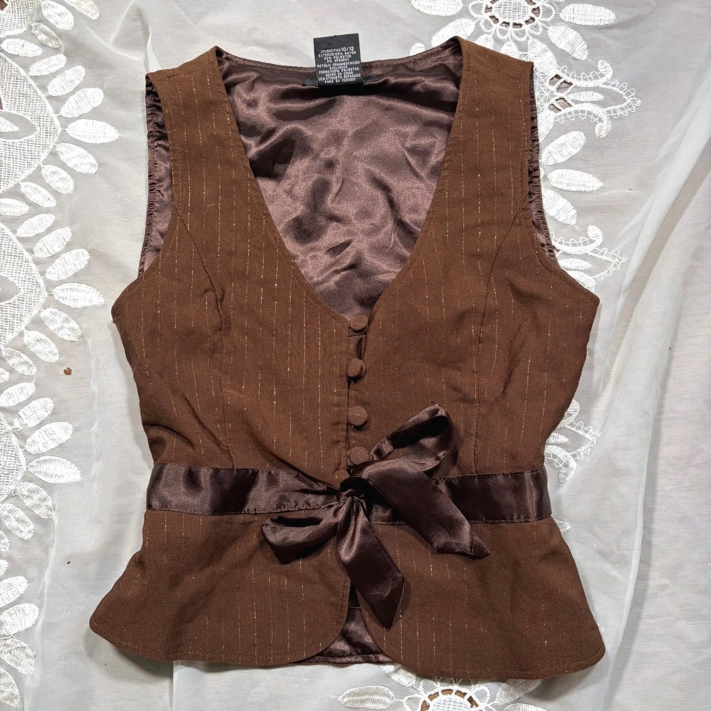 Y2K Office Siren Babydoll Brown Pinstripe Peplum Vest Metallic Gold Stripe Fall
